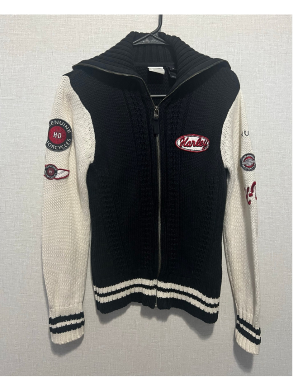 Harley Davidson Black And Cream Varsity Knit Zip Up Sweater Jacket With Patches